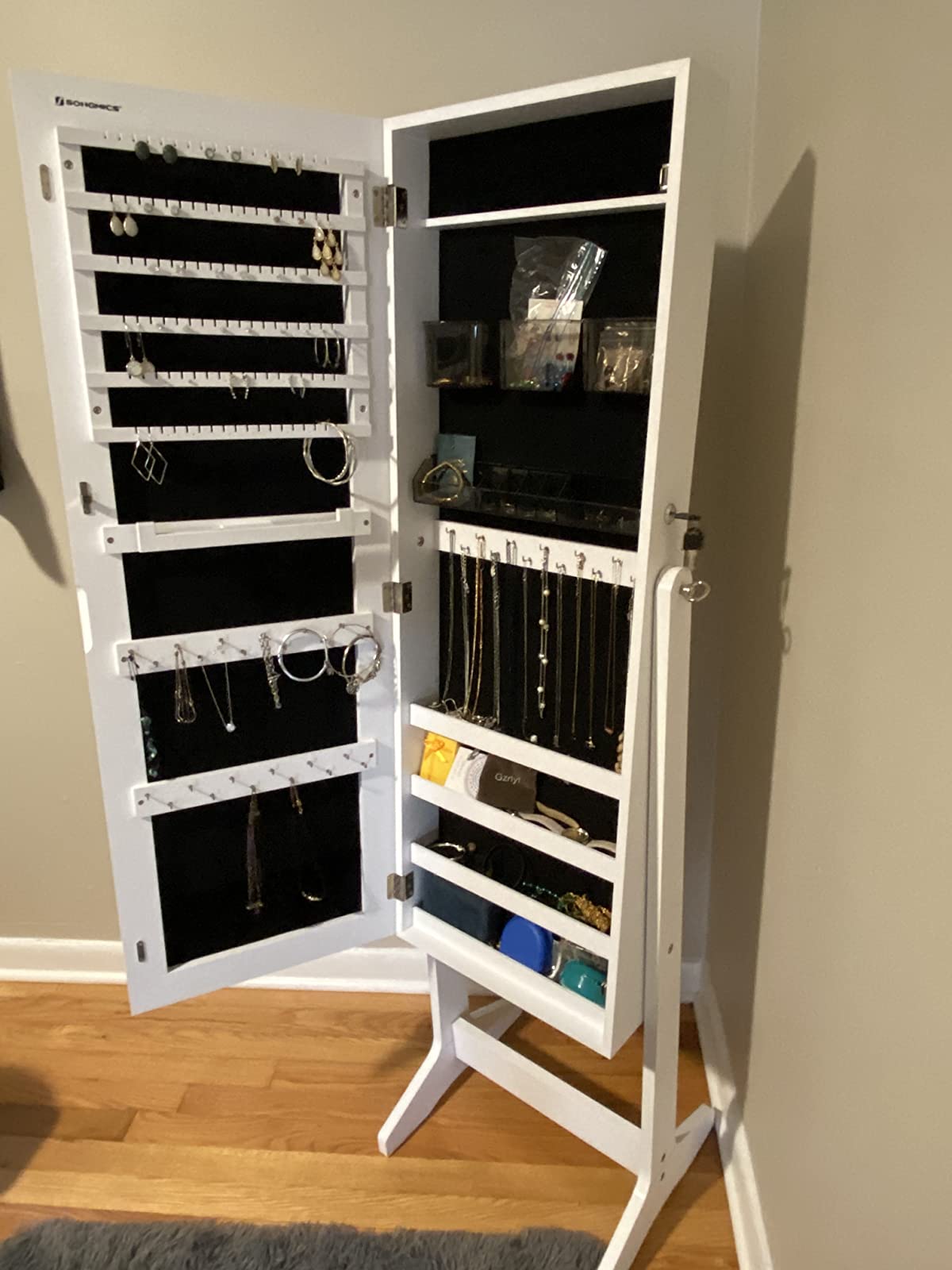 Mirror Jewelry Cabinet Armoire, Freestanding Lockable Storage Organizer Unit with 2 Plastic Cosmetic Storage - HWLEXTRA 