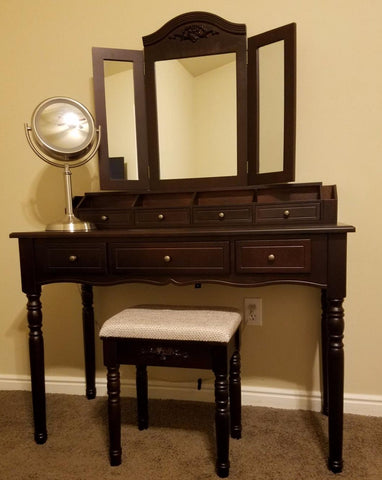 Brown Makeup Table with Tri-Fold Mirror - HWLEXTRA