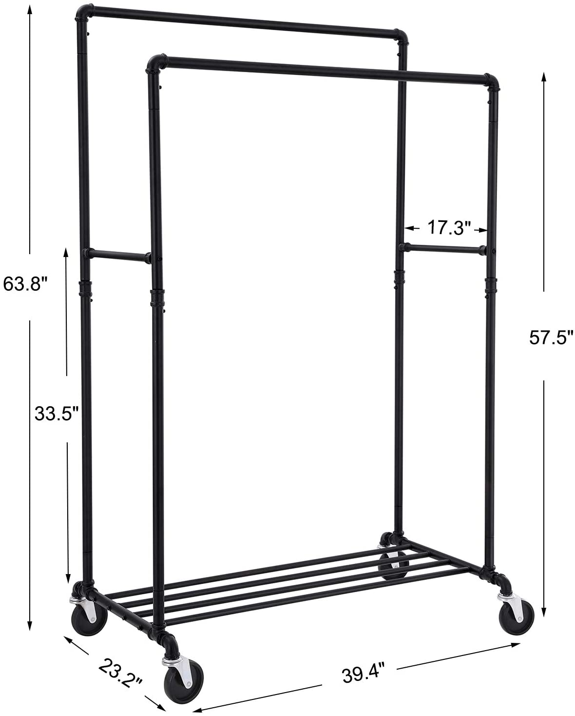 Black Clothes Rack on Wheels with 2 Rails - HWLEXTRA