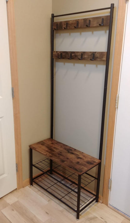 Vintage Entryway Coat Rack with Shoe Bench - HWLEXTRA