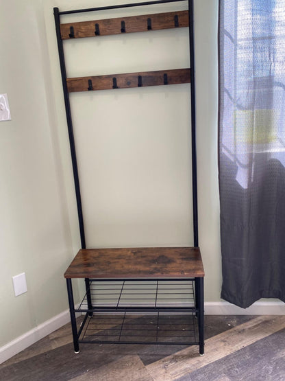 Vintage Entryway Coat Rack with Shoe Bench - HWLEXTRA