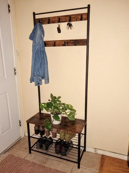 Vintage Entryway Coat Rack with Shoe Bench - HWLEXTRA