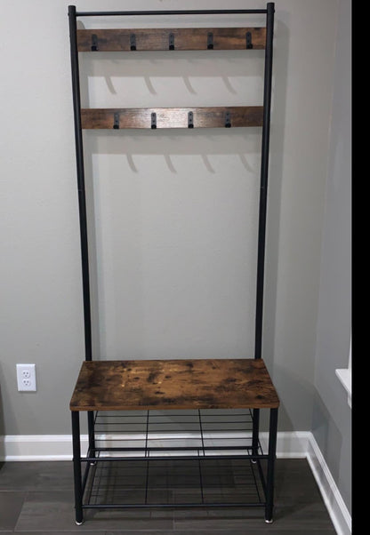 Vintage Entryway Coat Rack with Shoe Bench - HWLEXTRA