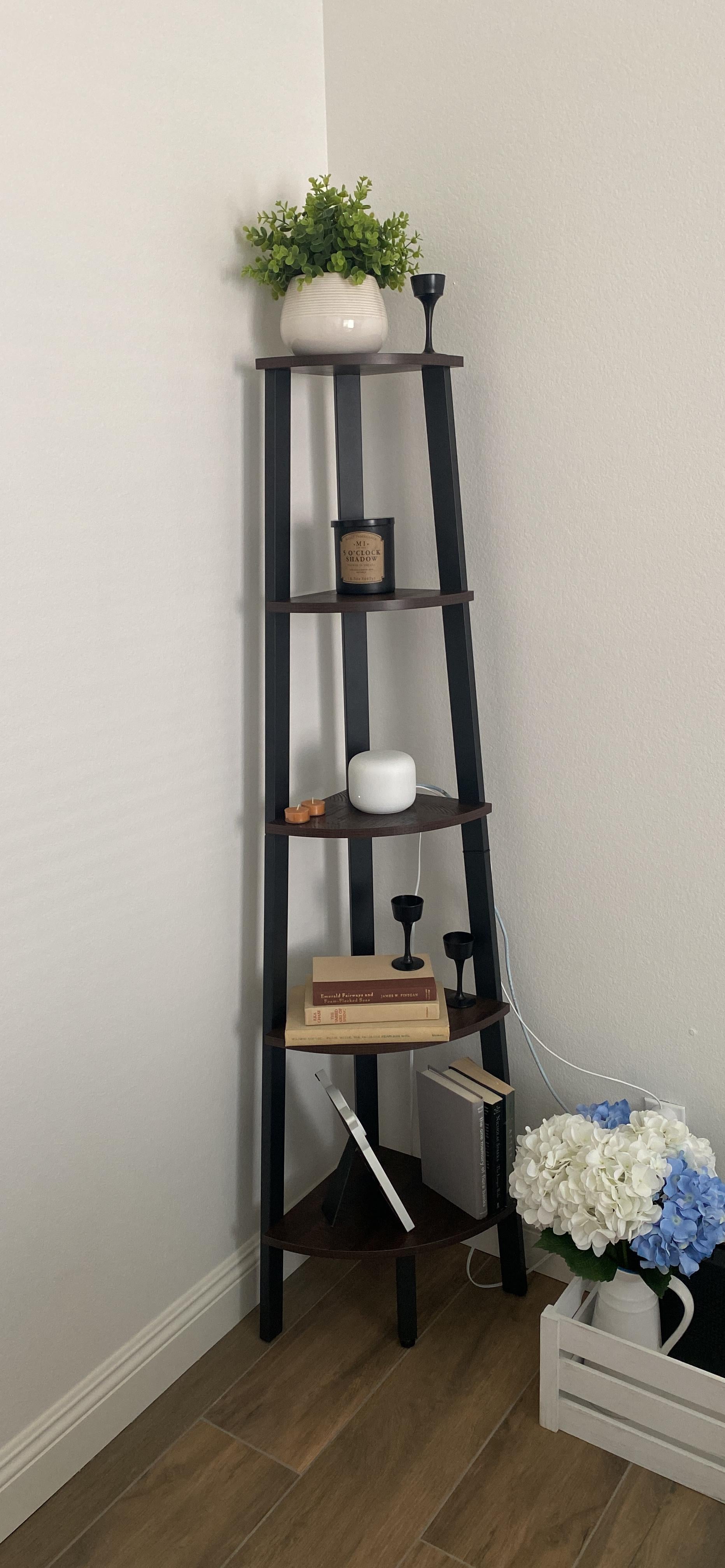 Rustic Brown Industrial 5-tier Floor Standing Corner Shelf - HWLEXTRA