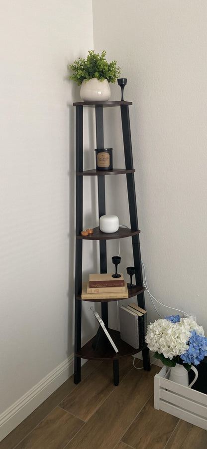 Rustic Brown Industrial 5-tier Floor Standing Corner Shelf - HWLEXTRA