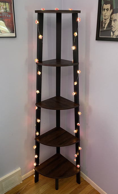 Rustic Brown Industrial 5-tier Floor Standing Corner Shelf - HWLEXTRA