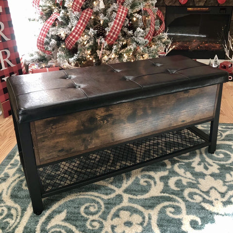 Padded Seat Storage Bench Rustic Brown & Black - HWLEXTRA