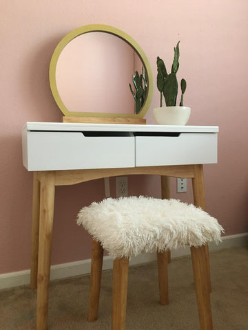 White Makeup Vanity Table with Round Mirror - HWLEXTRA