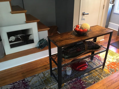 Industrial Rustic Brown Console Table with 2 Shelves - HWLEXTRA