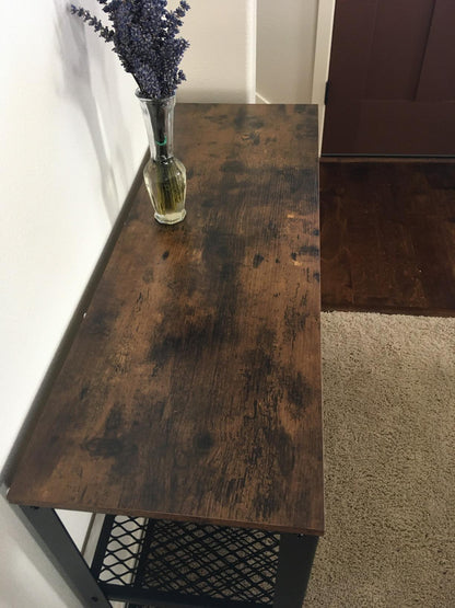 Industrial Rustic Brown Console Table with 2 Shelves - HWLEXTRA