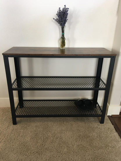 Industrial Rustic Brown Console Table with 2 Shelves - HWLEXTRA