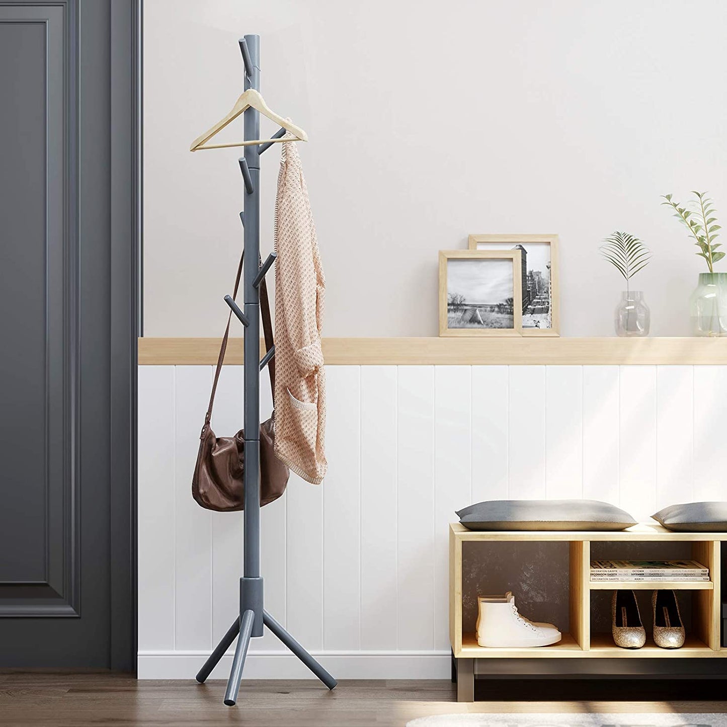 Coat Rack with 8 Hooks, Solid Wood Coat Tree Free Standing, 18.5" Base - HWLEXTRA 
