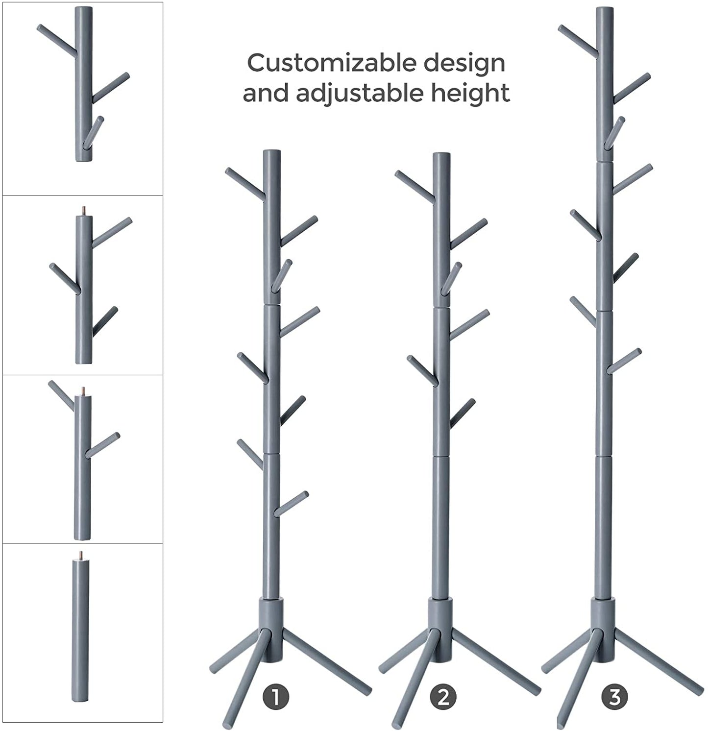 Coat Rack with 8 Hooks, Solid Wood Coat Tree Free Standing, 18.5" Base - HWLEXTRA 