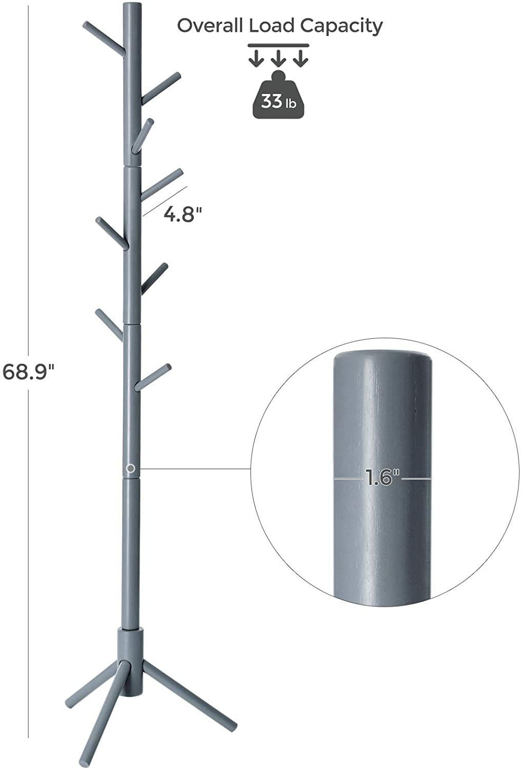 Coat Rack with 8 Hooks, Solid Wood Coat Tree Free Standing, 18.5" Base - HWLEXTRA 