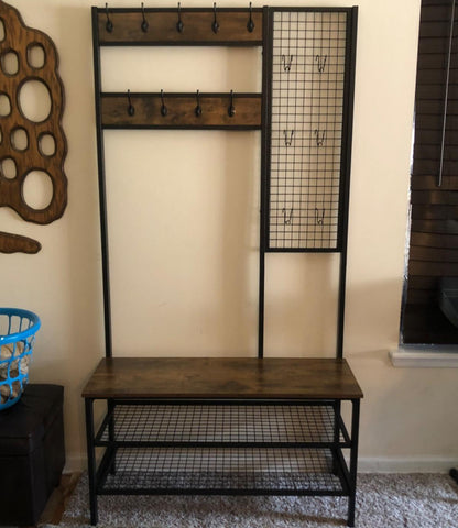 Industrial Coat Rack Shoe Bench with Grid Wall - HWLEXTRA