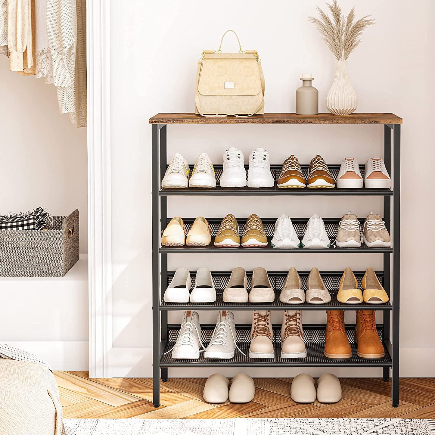 Shoe Rack, 5-Tier Shoe Storage Unit Flat & Slant Adjustable Shoe Organizer Shelf for 16 Pairs