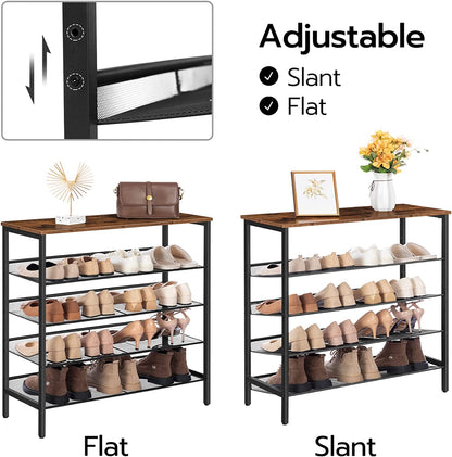 Shoe Rack, 5-Tier Shoe Storage Unit Flat & Slant Adjustable Shoe Organizer Shelf for 16 Pairs