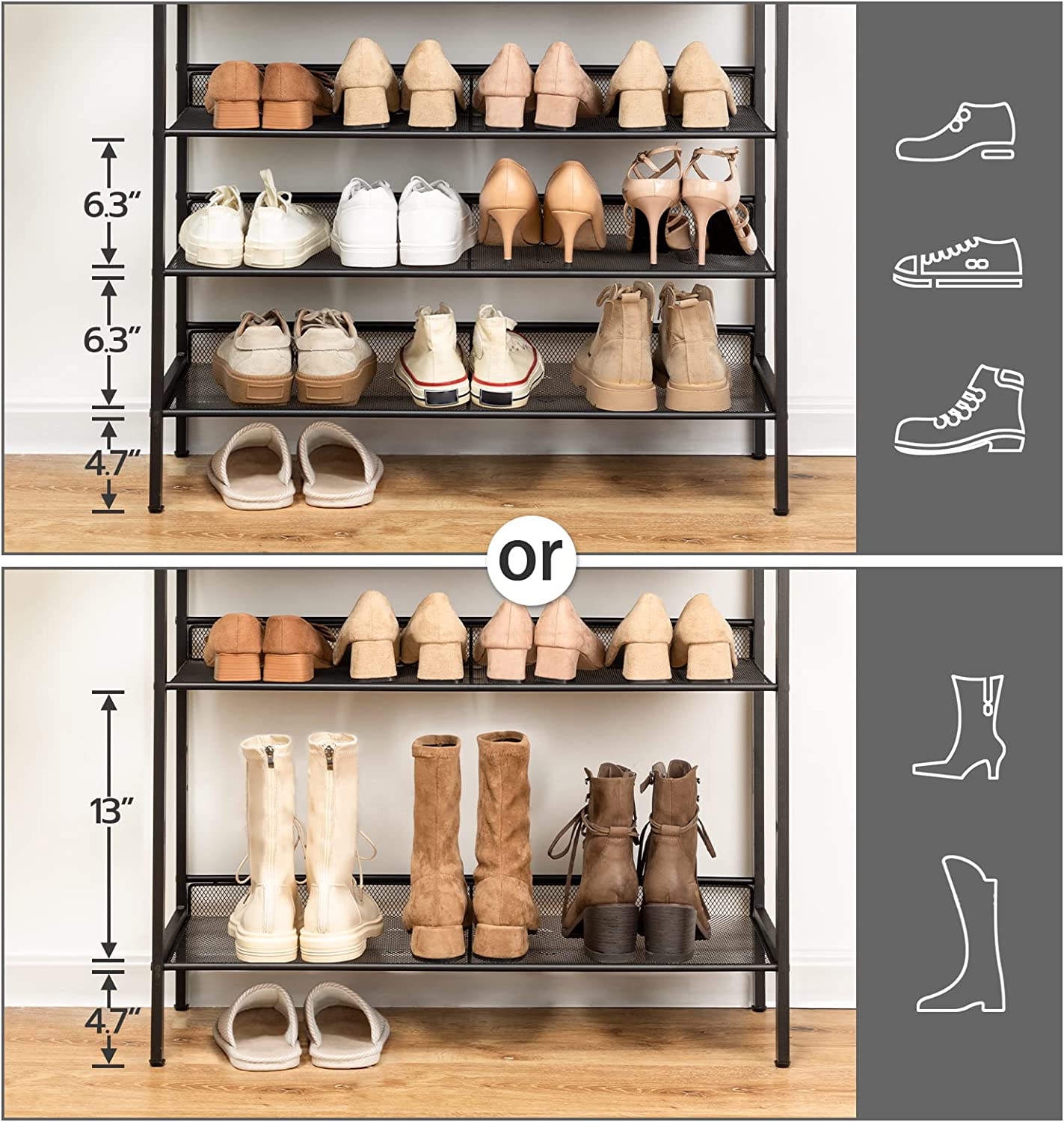 Shoe Rack, 5-Tier Shoe Storage Unit Flat & Slant Adjustable Shoe Organizer Shelf for 16 Pairs