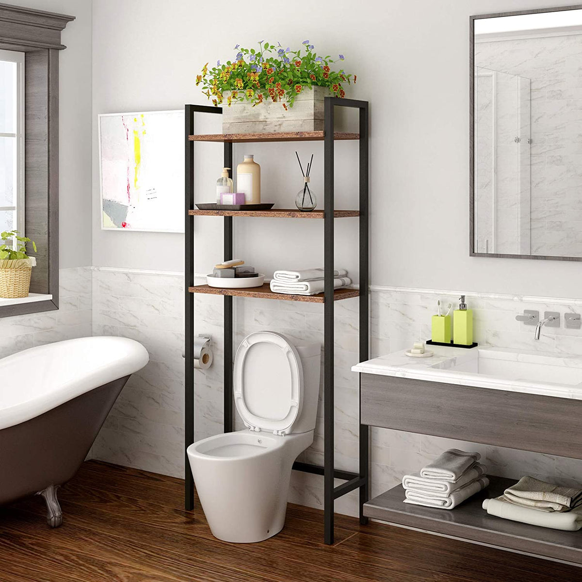 Over The Toilet Storage, 3-Tier Industrial Over Toilet Bathroom Organizer, Bathroom Shelves Over Toilet with Adjustable Feet