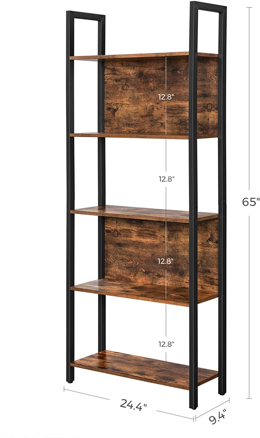 Industrial Rustic Brown & Black 5-Tier Bookshelf - HWLEXTRA