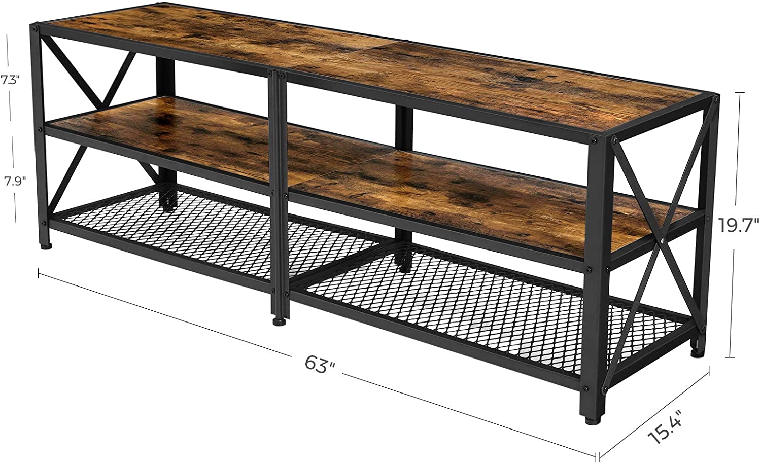 Industrial Rustic Style 3-Tier TV Stand, Entertainment Center, Steel Frame