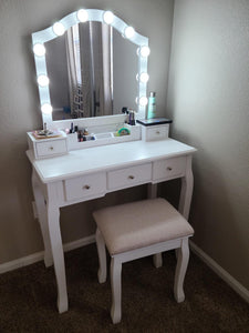 White Makeup Vanity Set with Mirror & Stool - HWLEXTRA