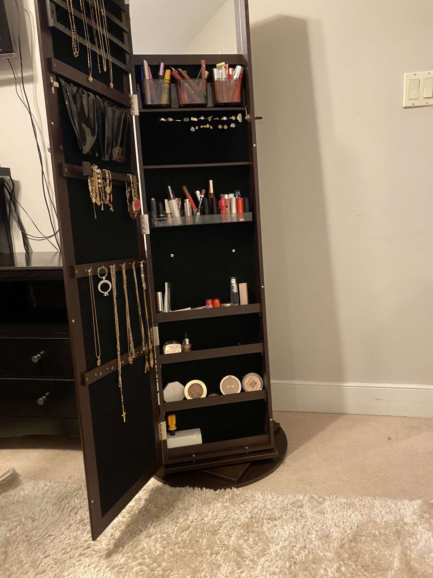 Brown Swivel Jewelry Armoire with Mirror - HWLEXTRA