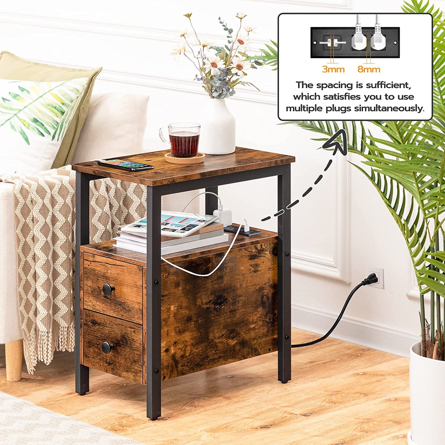 End Table, Narrow Side Table with 2 Drawers, USB Ports & Power Outlets