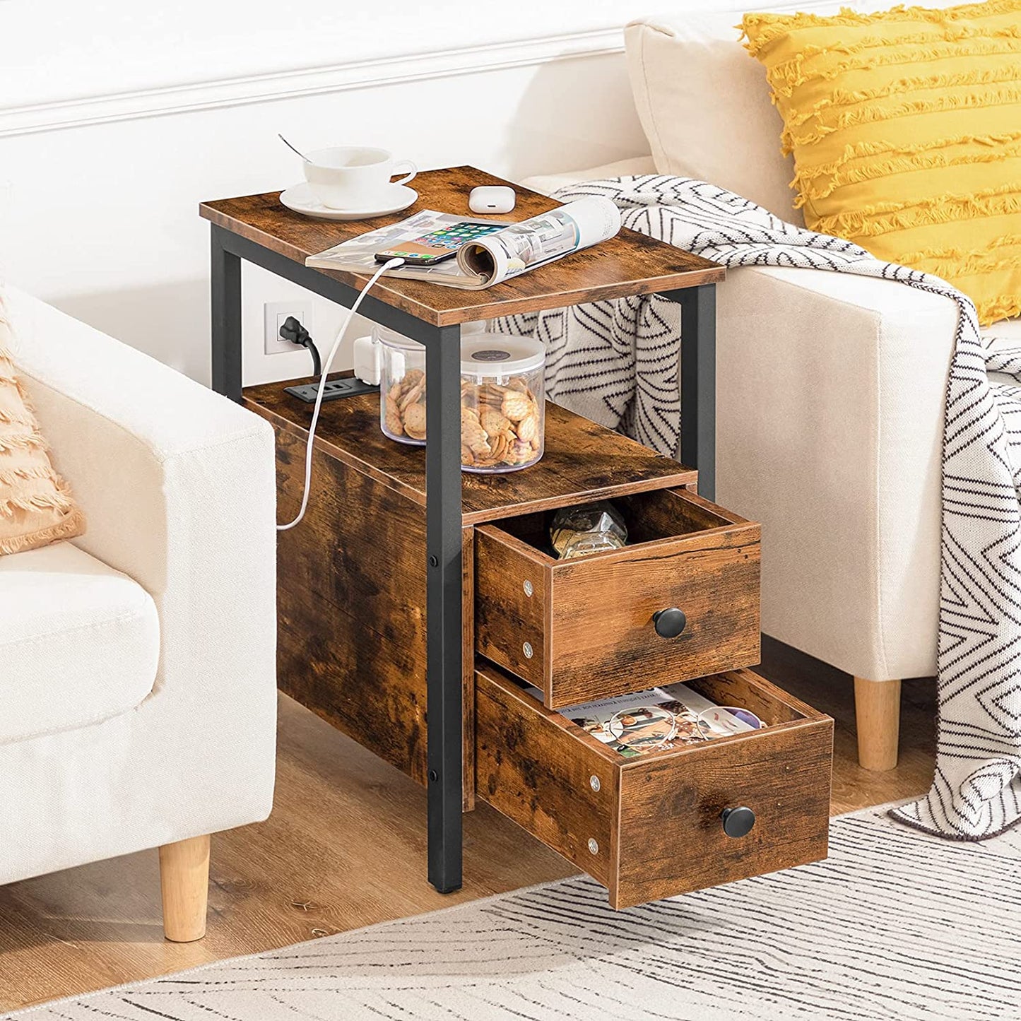 End Table, Narrow Side Table with 2 Drawers, USB Ports & Power Outlets