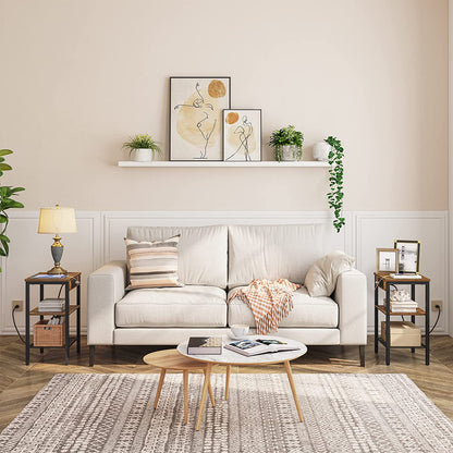 End Table with Charging Station and USB Ports, 3-Tier Nightstand with Adjustable Shelves, Narrow Side Table for Small Space