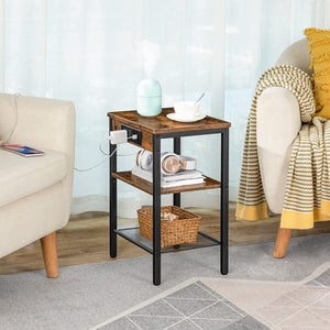 End Table with Charging Station and USB Ports, 3-Tier Nightstand with Adjustable Shelves, Narrow Side Table for Small Space
