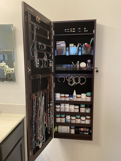 Mirror Jewelry Cabinet Armoire, Lockable Wall-Mounted Storage Organizer Unit with 2 Cosmetic Storage Trays - HWLEXTRA 