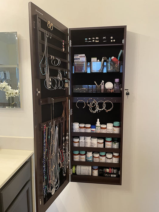Mirror Jewelry Cabinet Armoire, Lockable Wall-Mounted Storage Organizer Unit with 2 Cosmetic Storage Trays - HWLEXTRA 