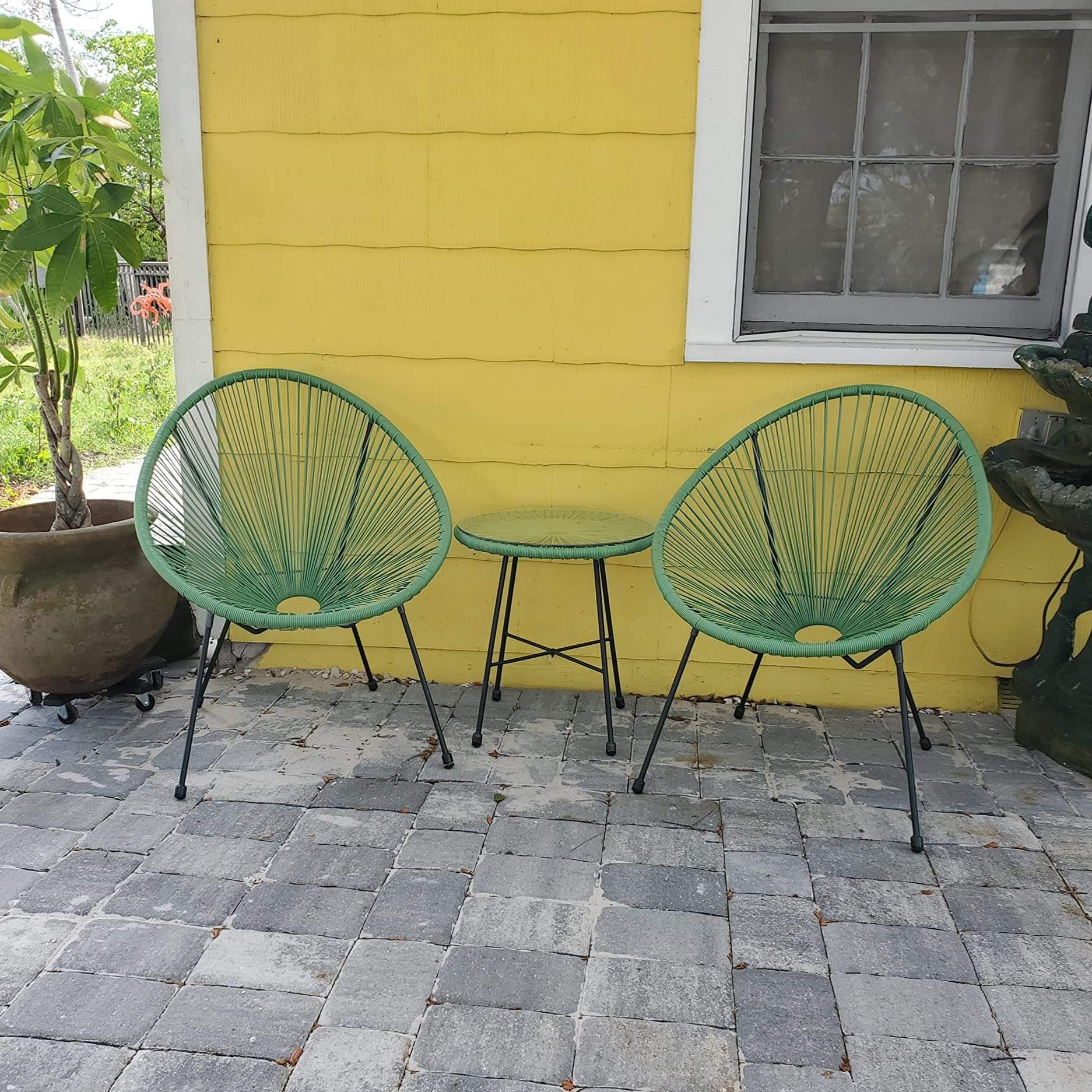 3-Piece Outdoor Seating Acapulco Chair, Modern Patio Furniture Set, Glass Top Table and 2 Chairs - HWLEXTRA 