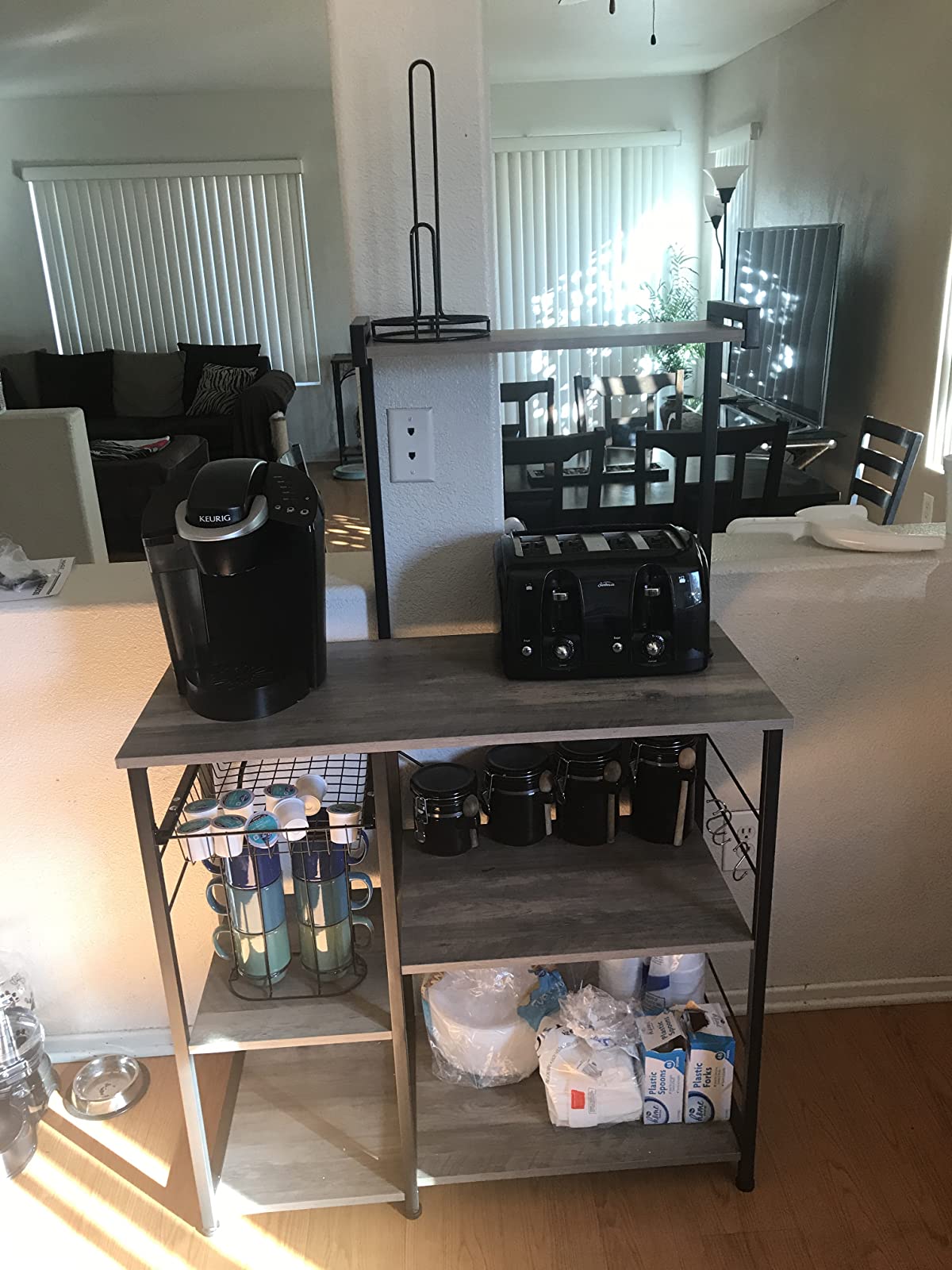 Baker’s Rack with Shelves, Kitchen Shelf with Wire Basket, 6 S-Hooks - HWLEXTRA 