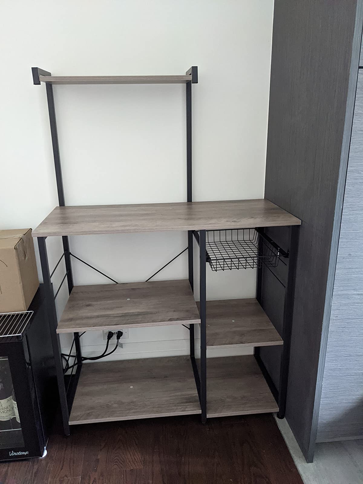 Baker’s Rack with Shelves, Kitchen Shelf with Wire Basket, 6 S-Hooks