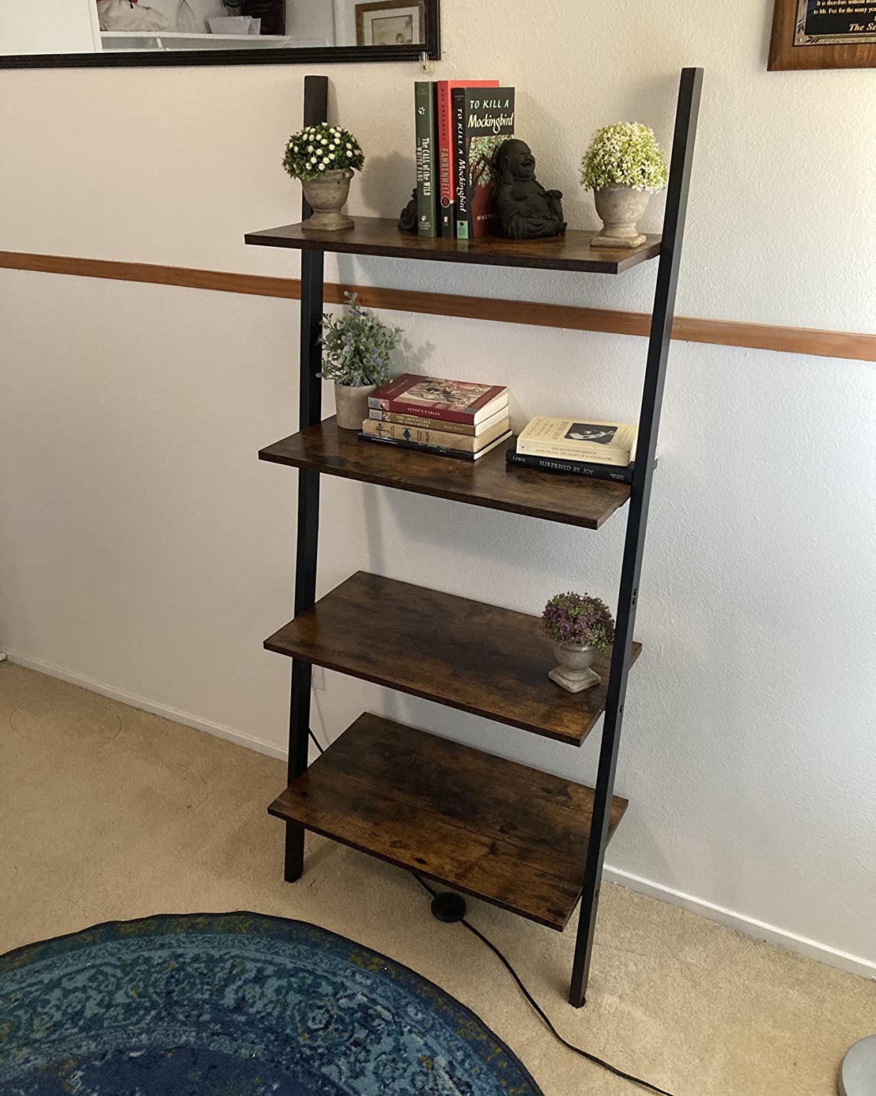 Industrial Dark Brown Ladder Shelf, 4-Tier Bookshelf, Storage Rack Shelves - HWLEXTRA 