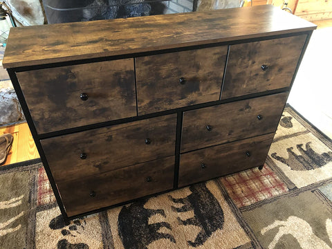 Industrial Wide Dresser, Storage Tower, Rustic Chest of Drawers with 7 Fabric Drawers