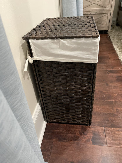 Handwoven Laundry Hamper, Synthetic Rattan Laundry Basket with Removable Liner Bag, Clothes Hamper