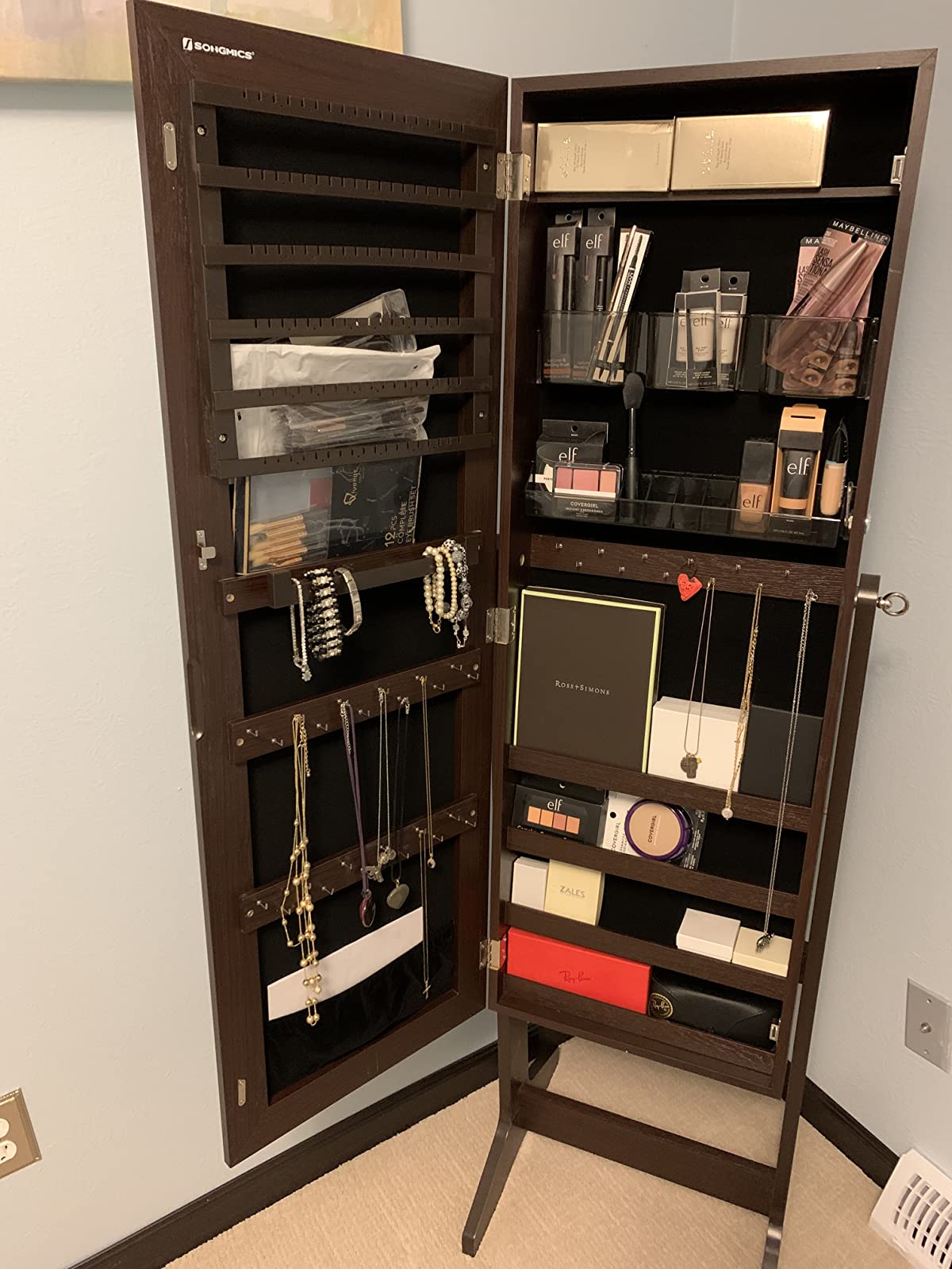 Mirror Jewelry Cabinet Armoire, Freestanding Lockable Storage Organizer Unit with 2 Plastic Cosmetic Storage - HWLEXTRA 