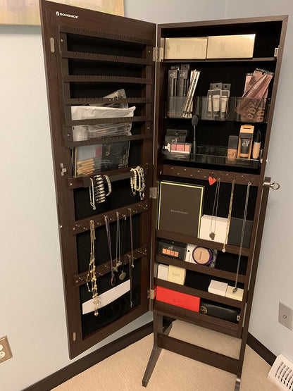 Mirror Jewelry Cabinet Armoire, Freestanding Lockable Storage Organizer Unit with 2 Plastic Cosmetic Storage - HWLEXTRA 