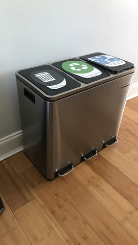 Triple Trash Can, 14.3 Gallon (3 x 18L) Recycling Rubbish Bin, Stainless Steel Kitchen Pedal Bin with Lid