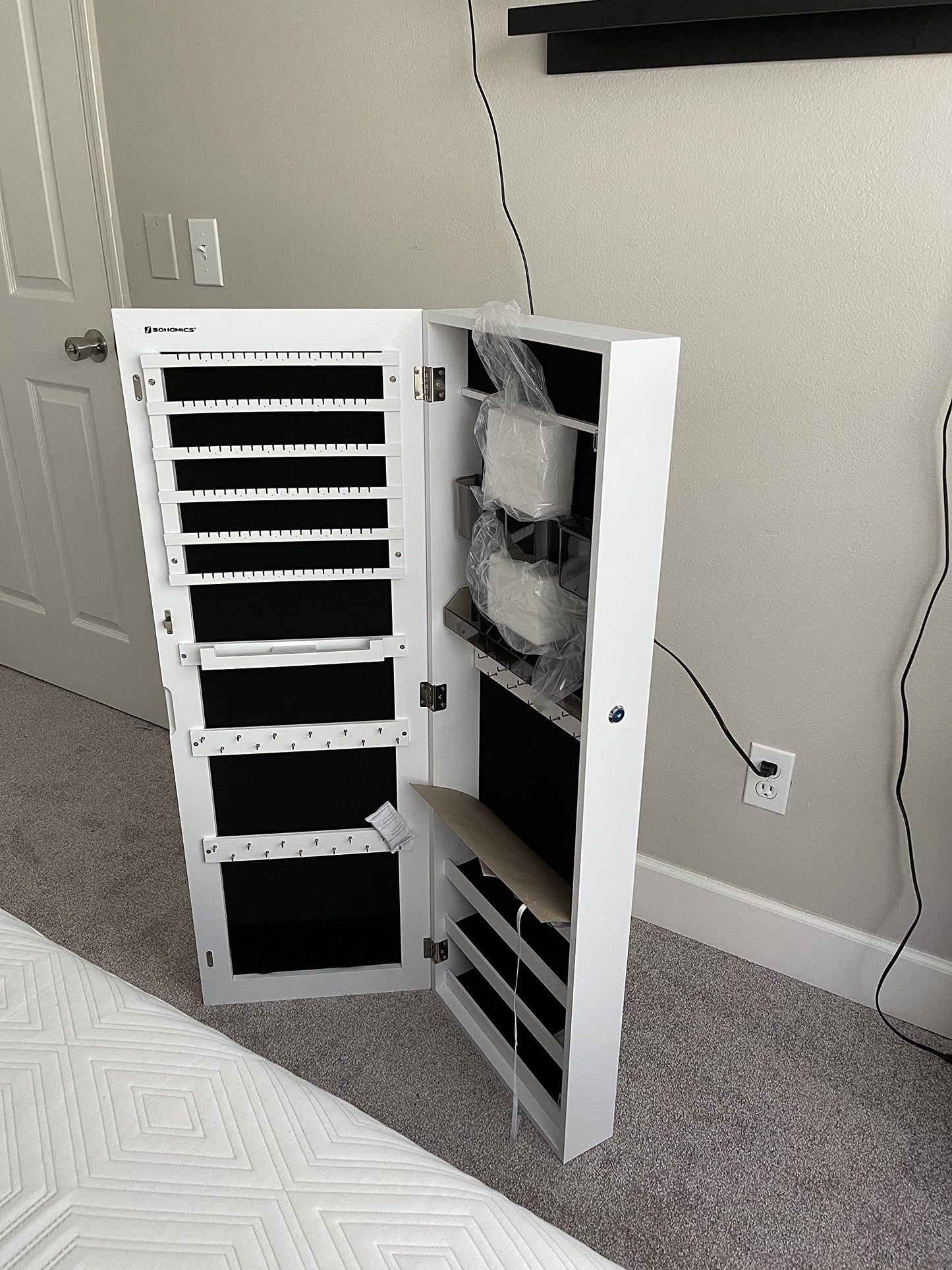 White Wall-Mounted Jewelry Armoire with Mirror - HWLEXTRA