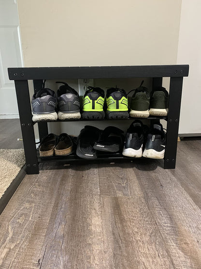 Black Shoe Rack Bench, 3-Tier Bamboo Shoe Organizer, Storage Shelf - HWLEXTRA 