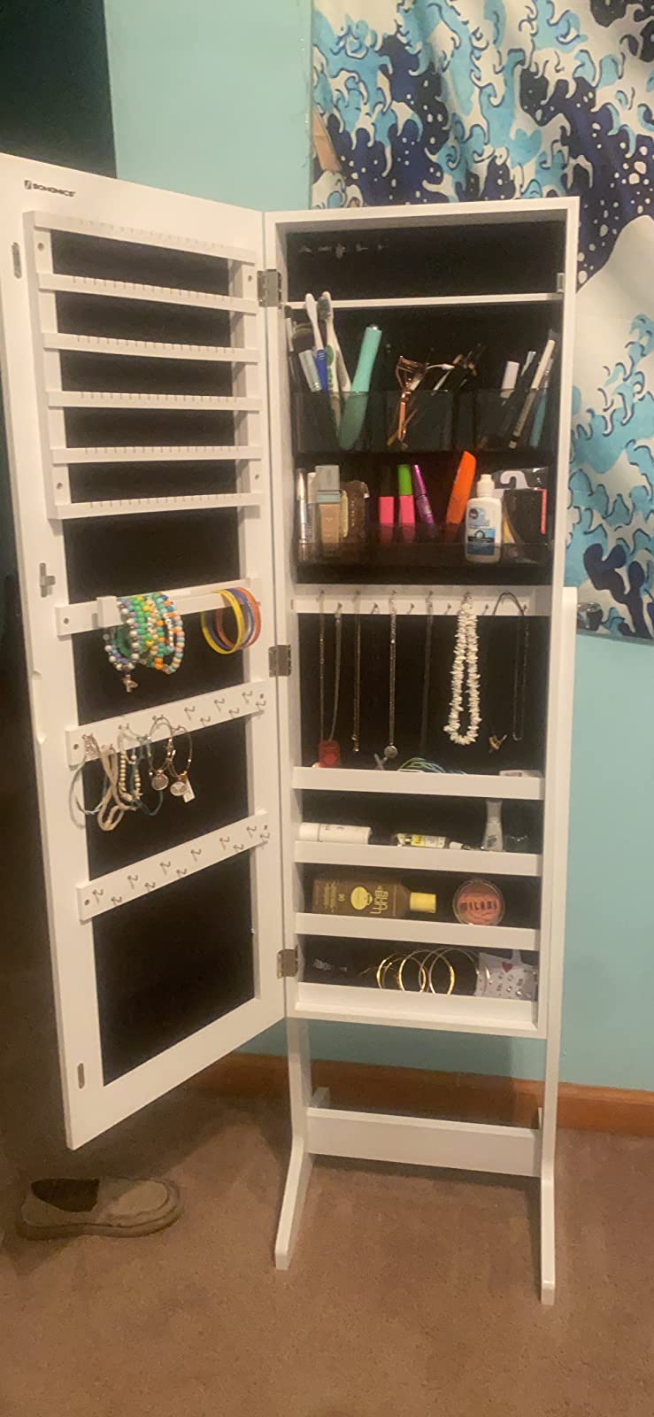 Mirror Jewelry Cabinet Armoire, Freestanding Lockable Storage Organizer Unit with 2 Plastic Cosmetic Storage - HWLEXTRA 