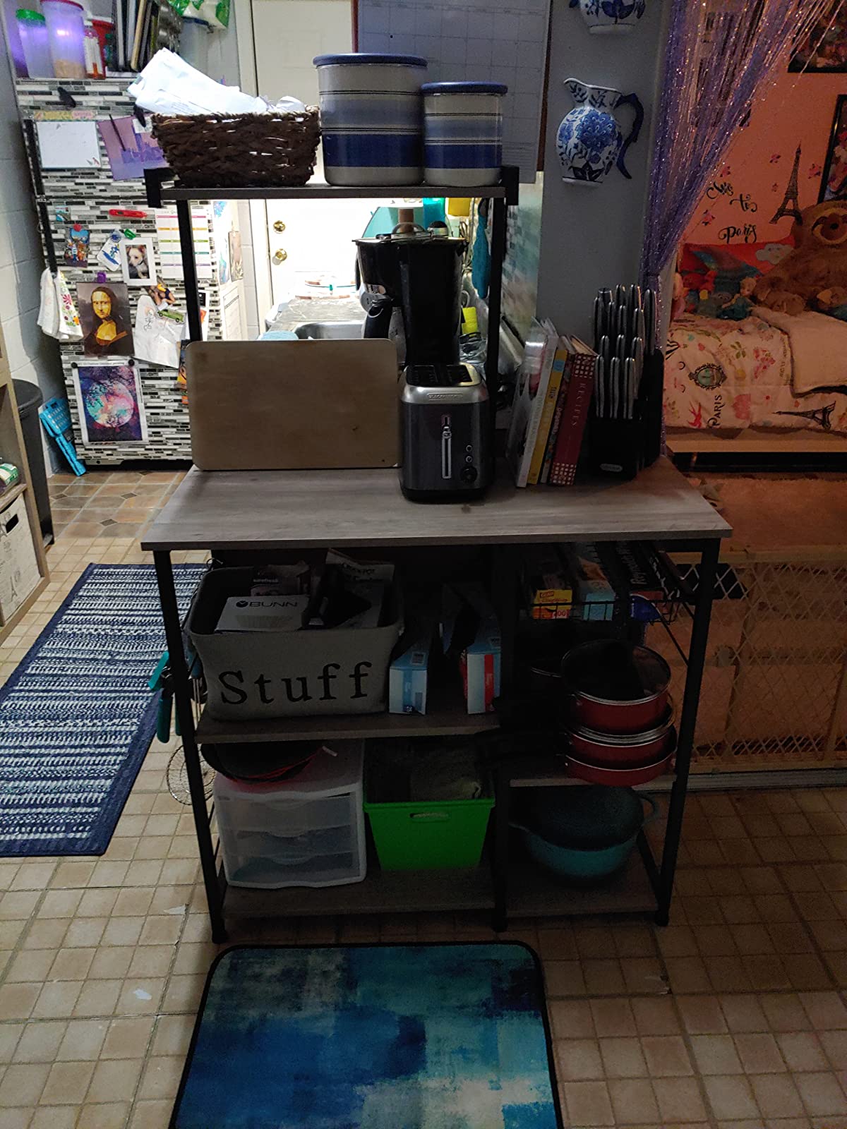 Baker’s Rack with Shelves, Kitchen Shelf with Wire Basket, 6 S-Hooks - HWLEXTRA 