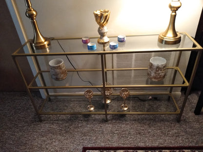 Console Sofa Table with 3 Shelves, 51.2 x 11.8 x 28.7 Inches, Metal Frame, Tempered Glass Shelf