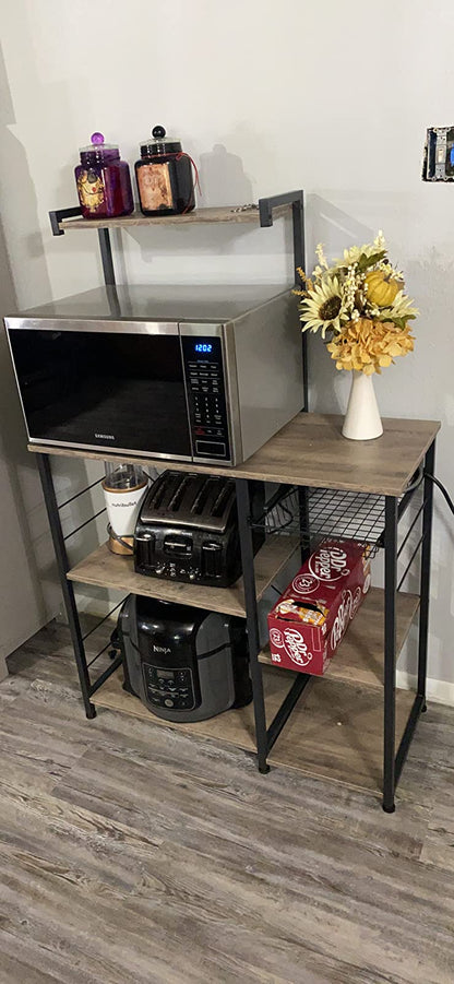 Baker’s Rack with Shelves, Kitchen Shelf with Wire Basket, 6 S-Hooks - HWLEXTRA 