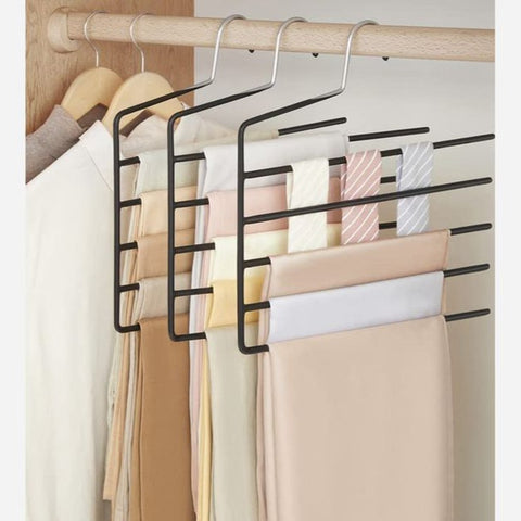 5-Bar Pants Hangers, Pack of 6 Space-Saving Clothes Hangers, Closet Storage Organizer