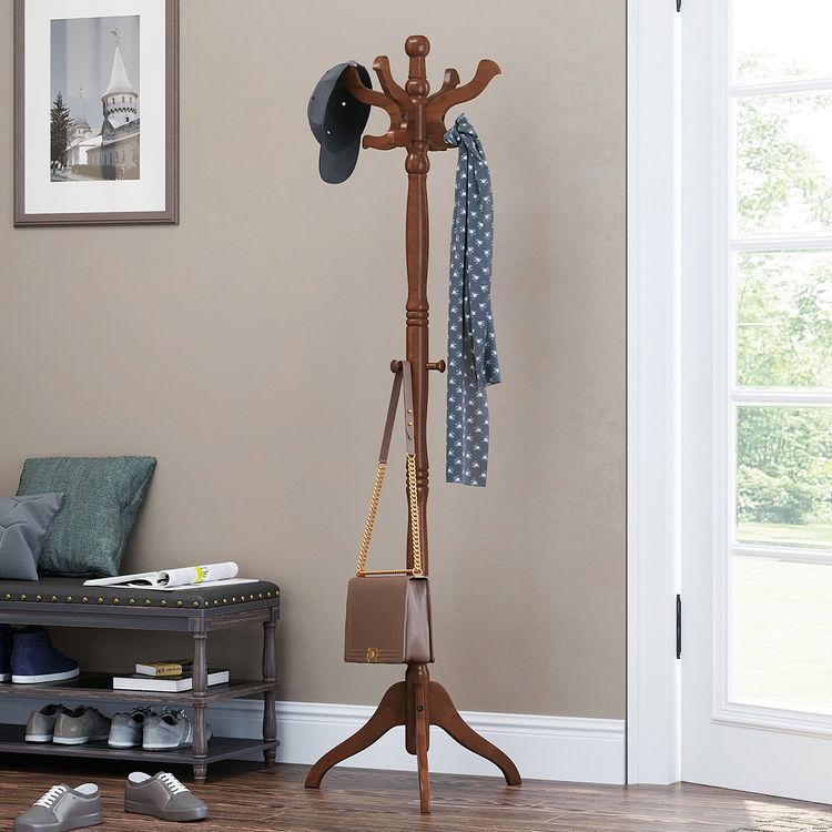 Coat Rack Free Standing with 11 Hooks, Wooden Hall Tree with Solid Rubberwood Base